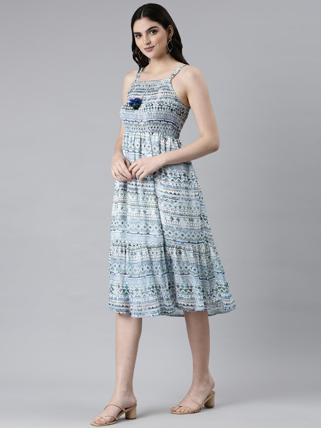 Women's Blue Tribal Printed Shoulder Straps Fit & Flare Dress With Shrug