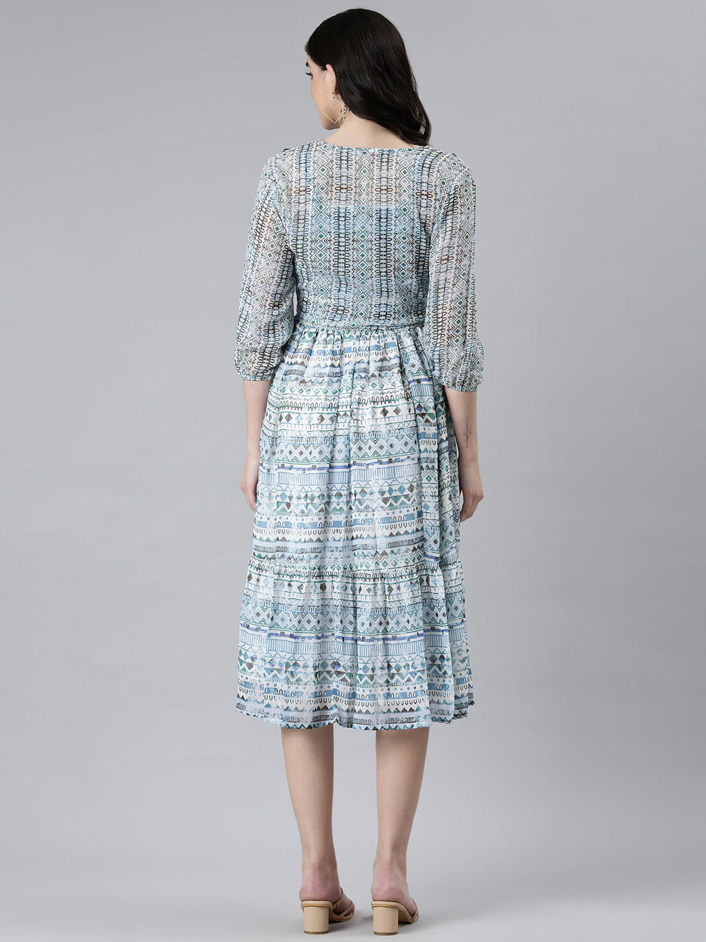 Women's Blue Tribal Printed Shoulder Straps Fit & Flare Dress With Shrug