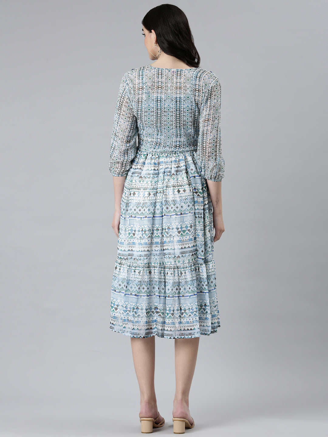 Women's Blue Tribal Printed Shoulder Straps Fit & Flare Dress With Shrug