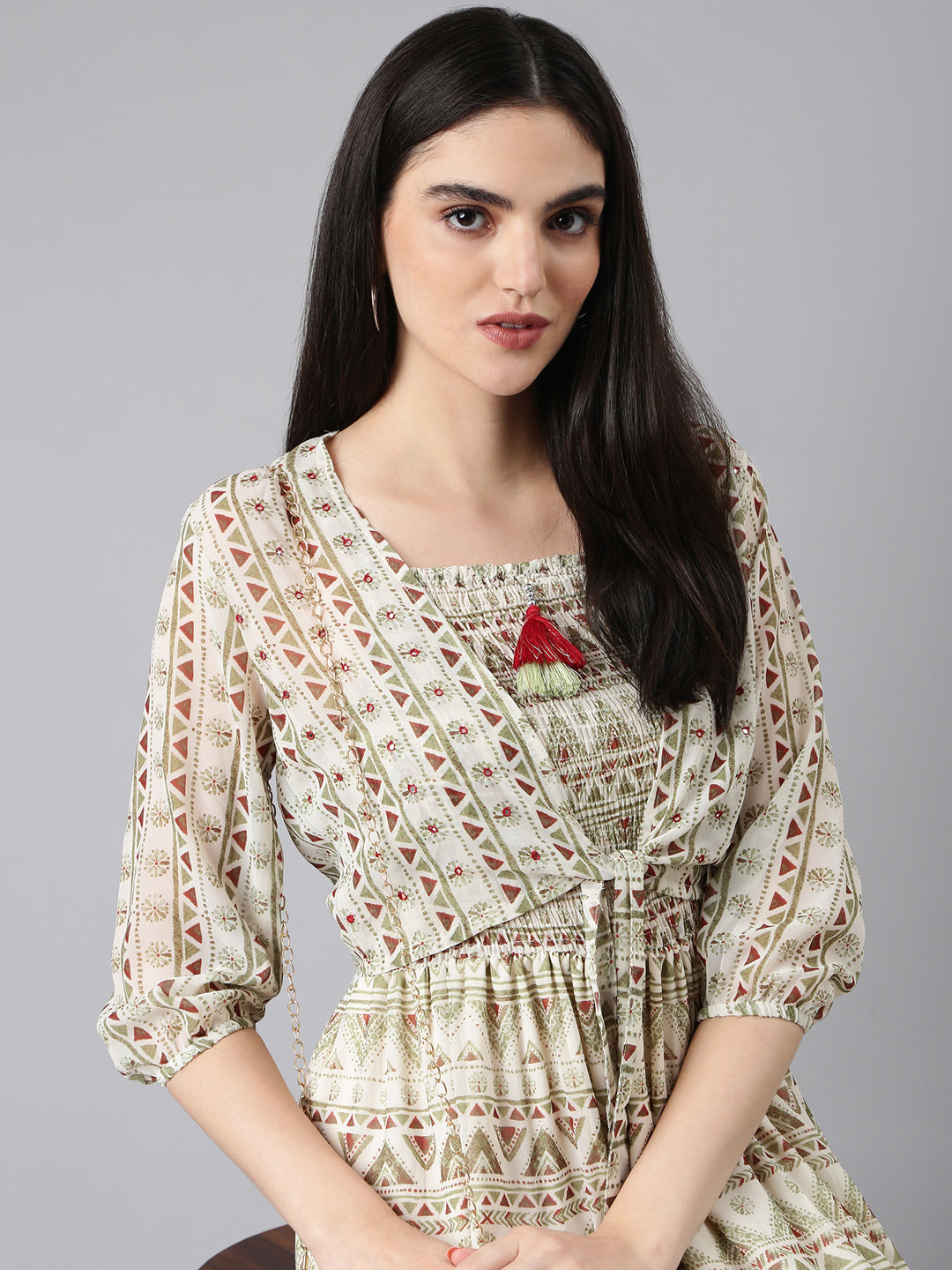 Women's Cream Geometric Printed Shoulder Straps Smocked Georgette Fit And Flare Dress