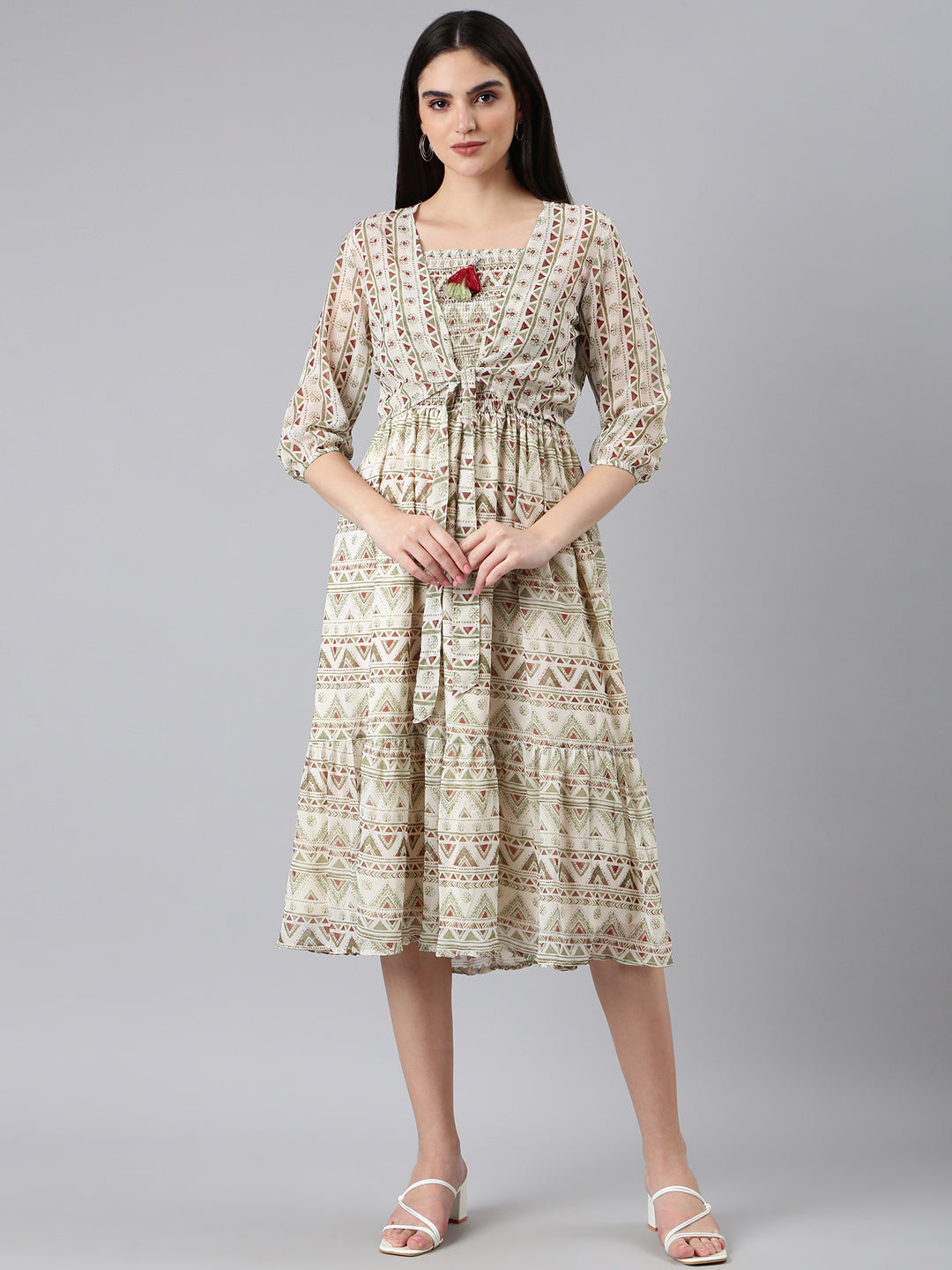 Women's Cream Geometric Printed Shoulder Straps Smocked Georgette Fit And Flare Dress