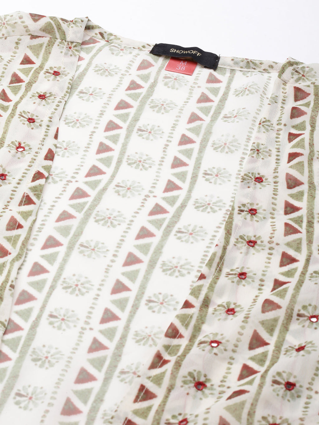 Women's Cream Geometric Printed Shoulder Straps Smocked Georgette Fit And Flare Dress