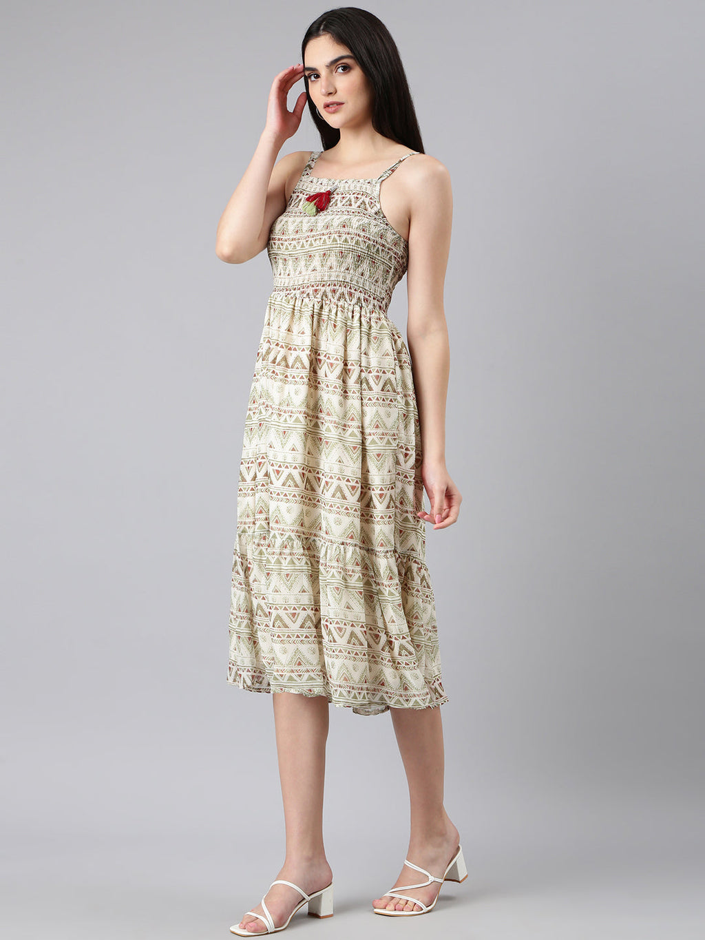 Women's Cream Geometric Printed Shoulder Straps Smocked Georgette Fit And Flare Dress