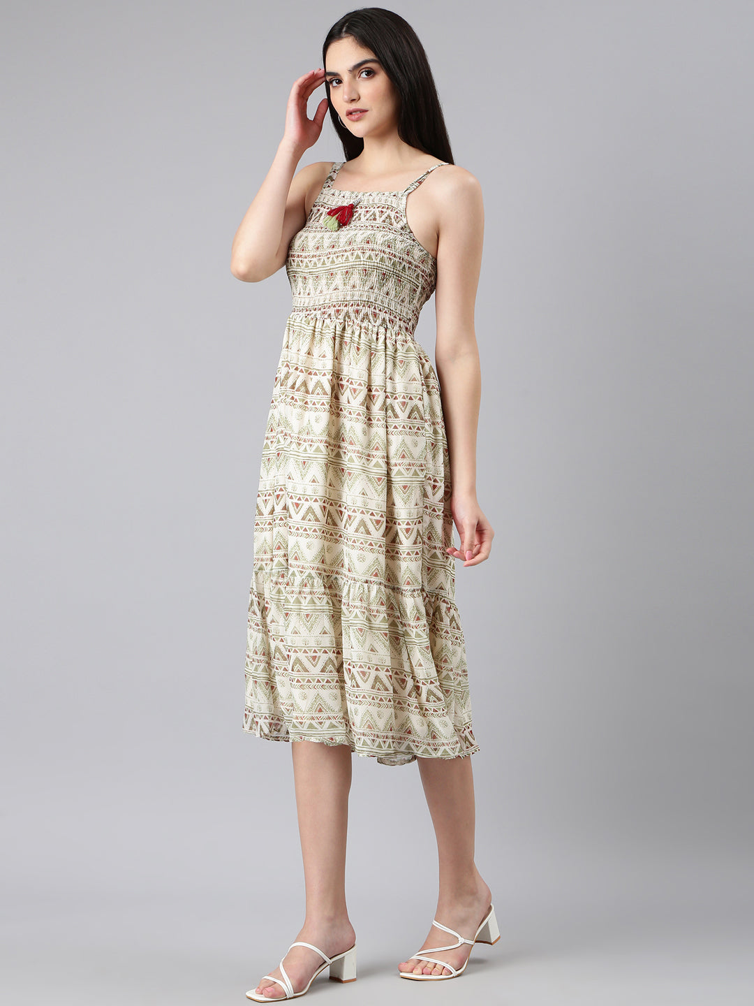 Women's Cream Geometric Printed Shoulder Straps Smocked Georgette Fit And Flare Dress