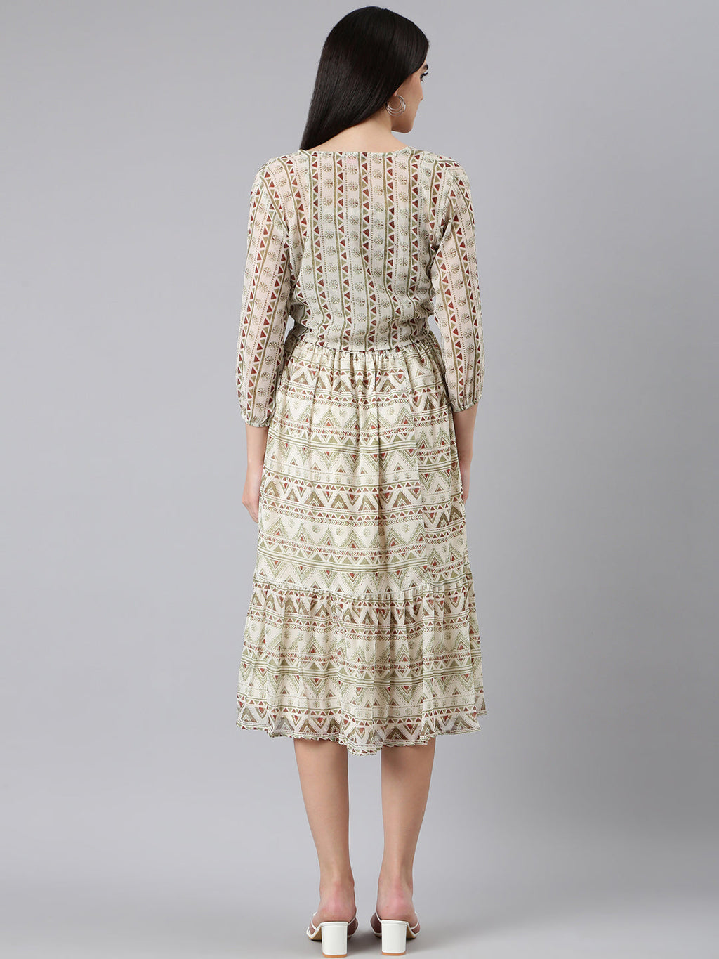 Women's Cream Geometric Printed Shoulder Straps Smocked Georgette Fit And Flare Dress