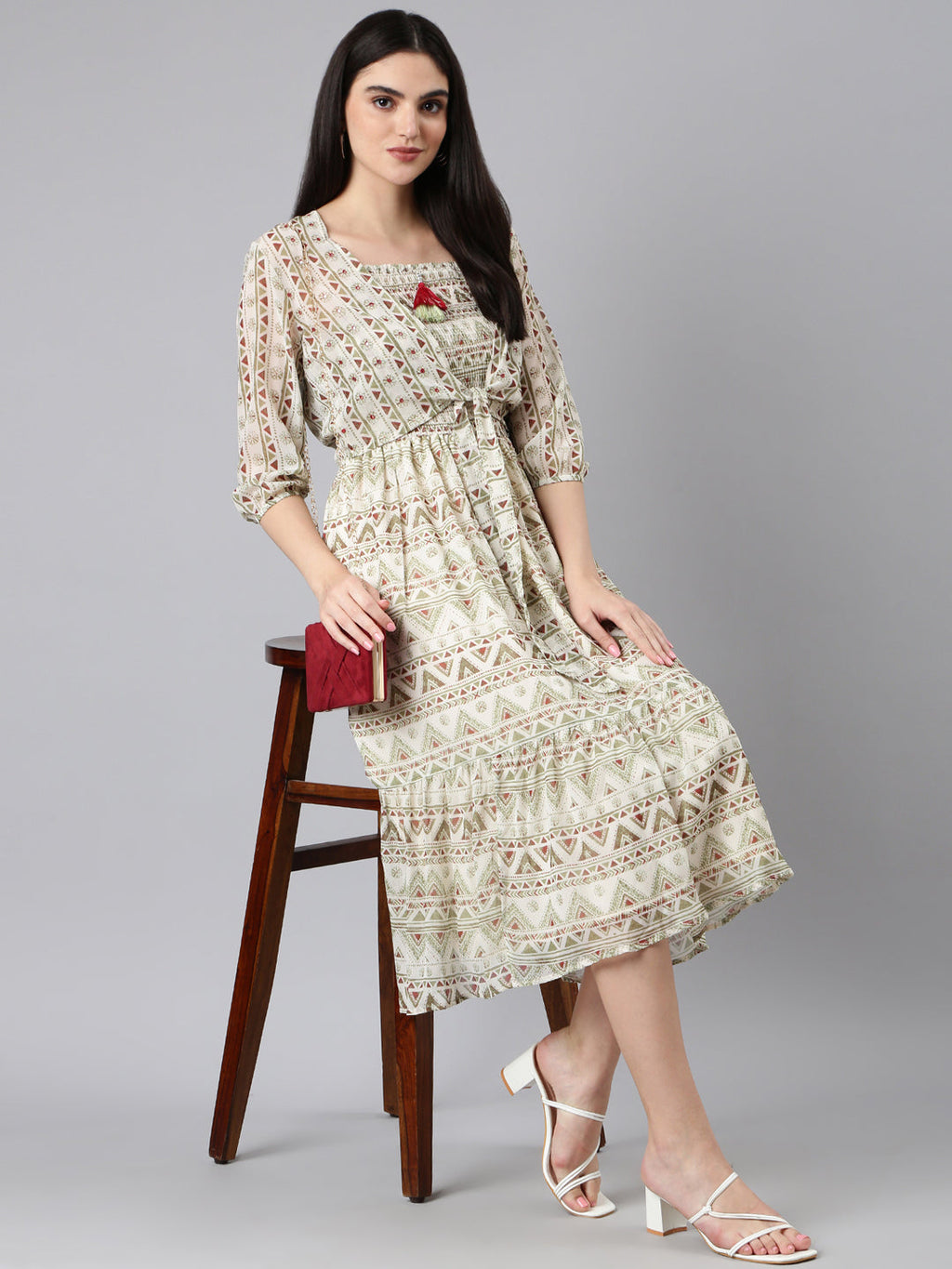 Women's Cream Geometric Printed Shoulder Straps Smocked Georgette Fit And Flare Dress