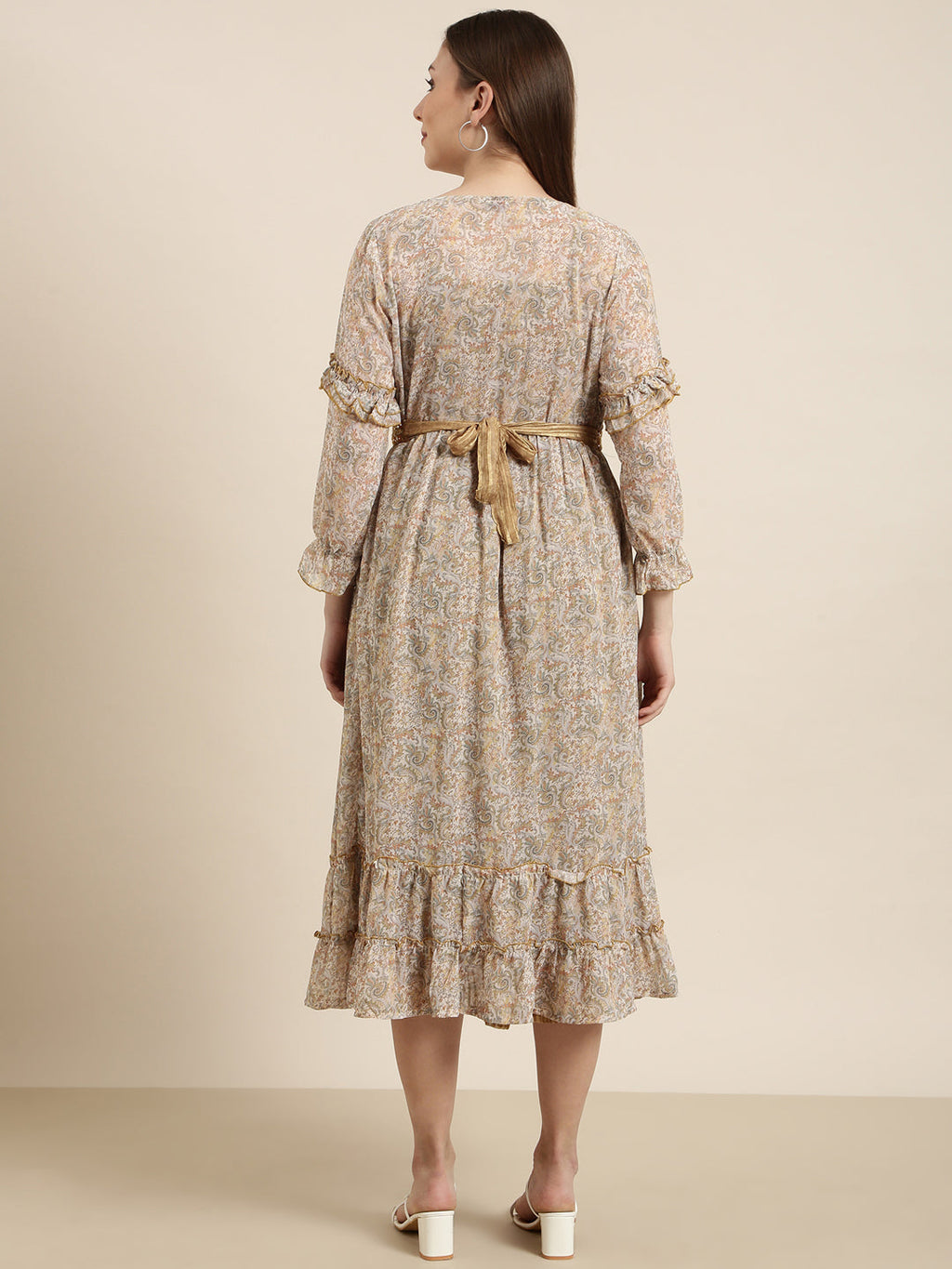 Women's Olive Floral Fit And Flare Dress With Over Coat