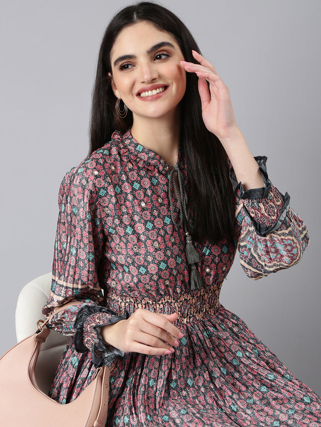 Women's Olive Ethnic Motifs Printed Cuff Sleeve Tie-Up Neck Smocked Fit and Flare Midi Dress
