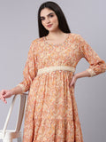 Women's Beige Ethnic Motifs Print Georgette Empire Midi Dress