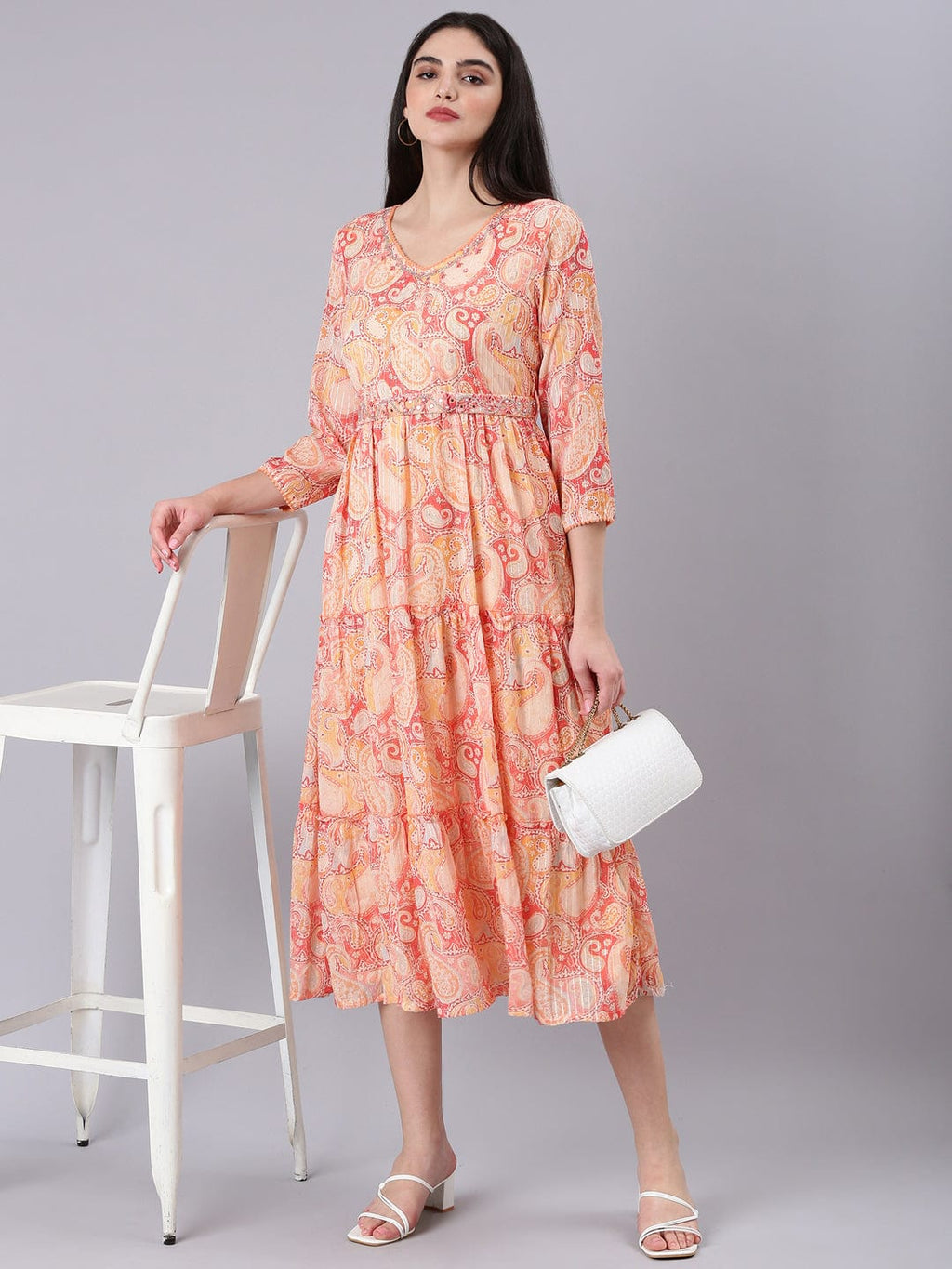 Women's V-Neck Embellished Peach Kurta