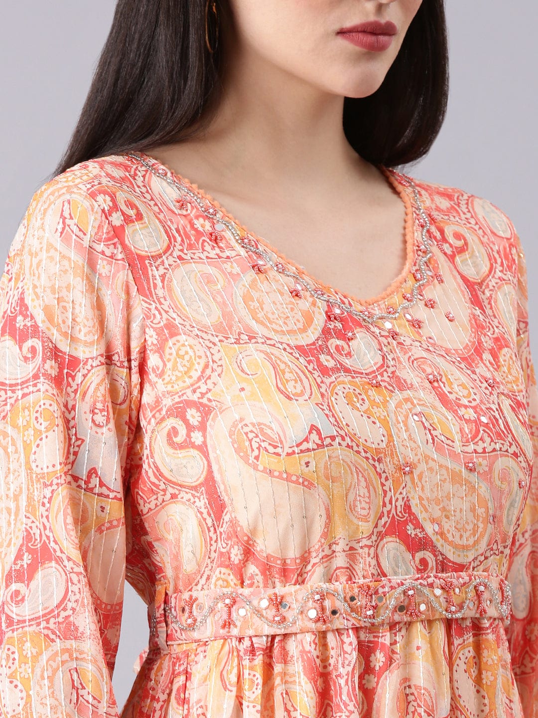 Women's V-Neck Embellished Peach Kurta