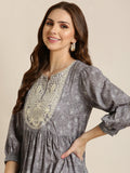 Women's Grey Floral Printed Thread Work Pleated Cotton Anarkali Kurta