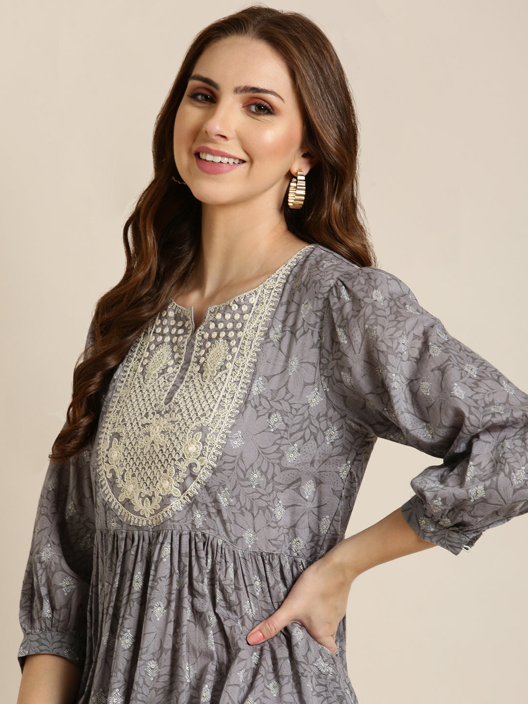 Women's Grey Floral Printed Thread Work Pleated Cotton Anarkali Kurta
