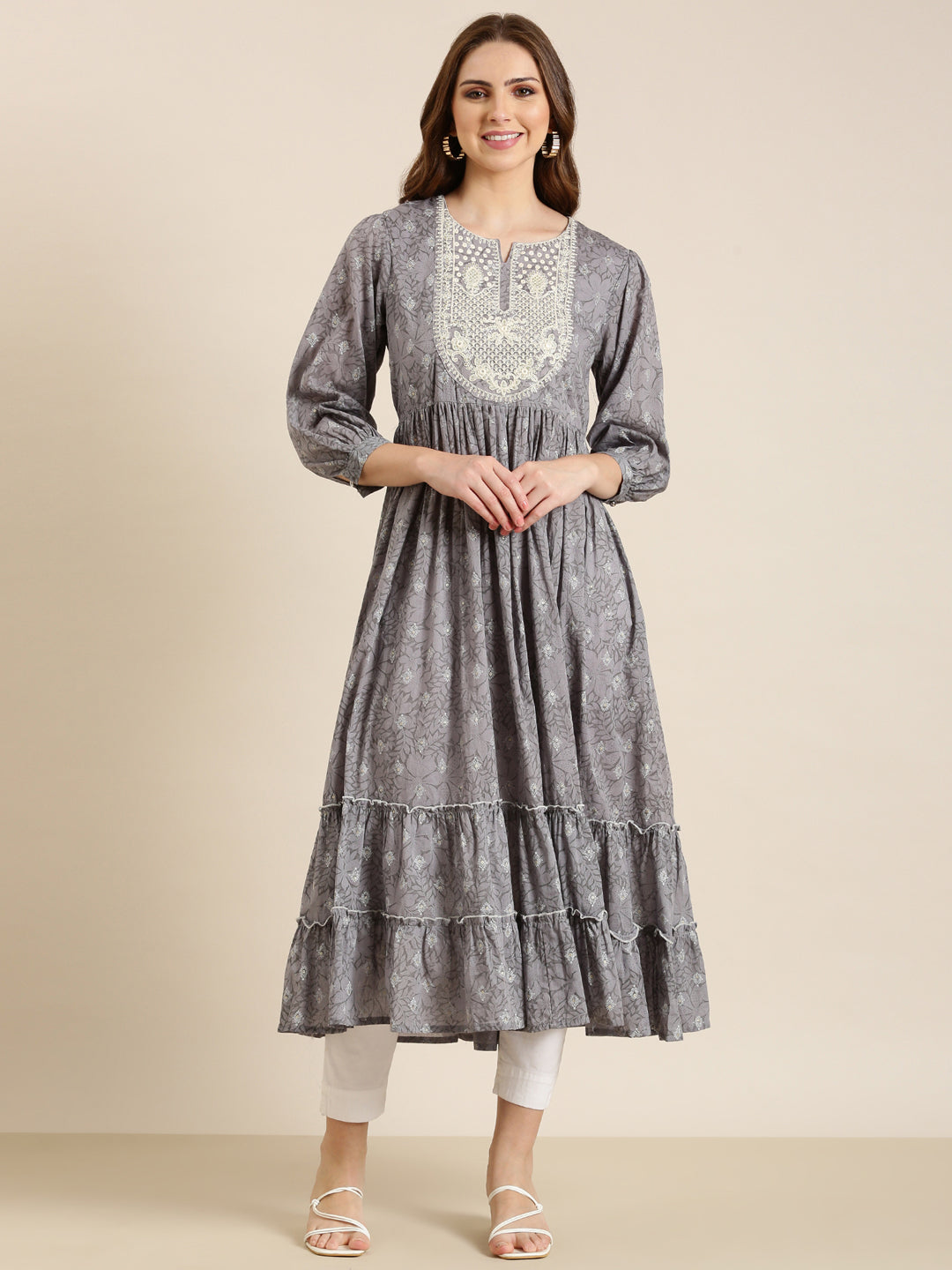 Women's Grey Floral Printed Thread Work Pleated Cotton Anarkali Kurta