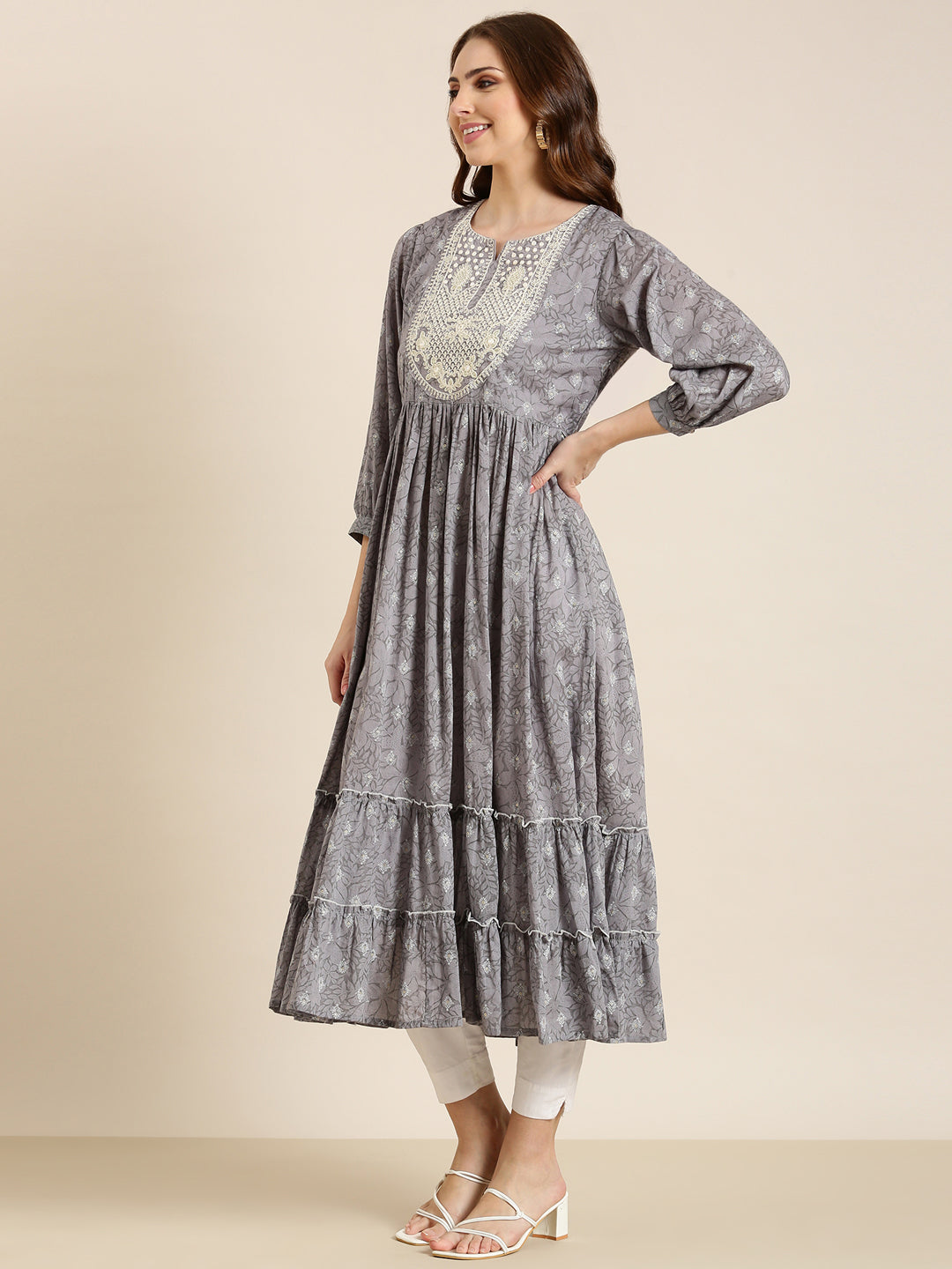 Women's Grey Floral Printed Thread Work Pleated Cotton Anarkali Kurta