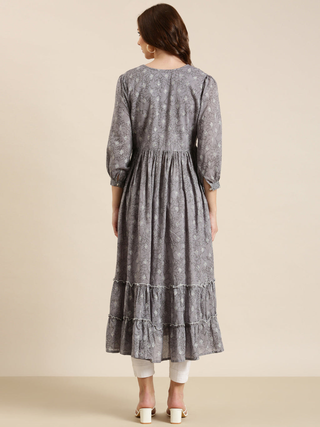 Women's Grey Floral Printed Thread Work Pleated Cotton Anarkali Kurta