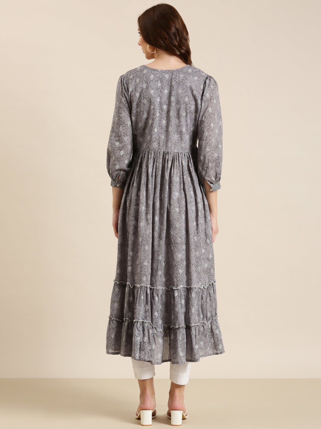 Women's Grey Floral Printed Thread Work Pleated Cotton Anarkali Kurta