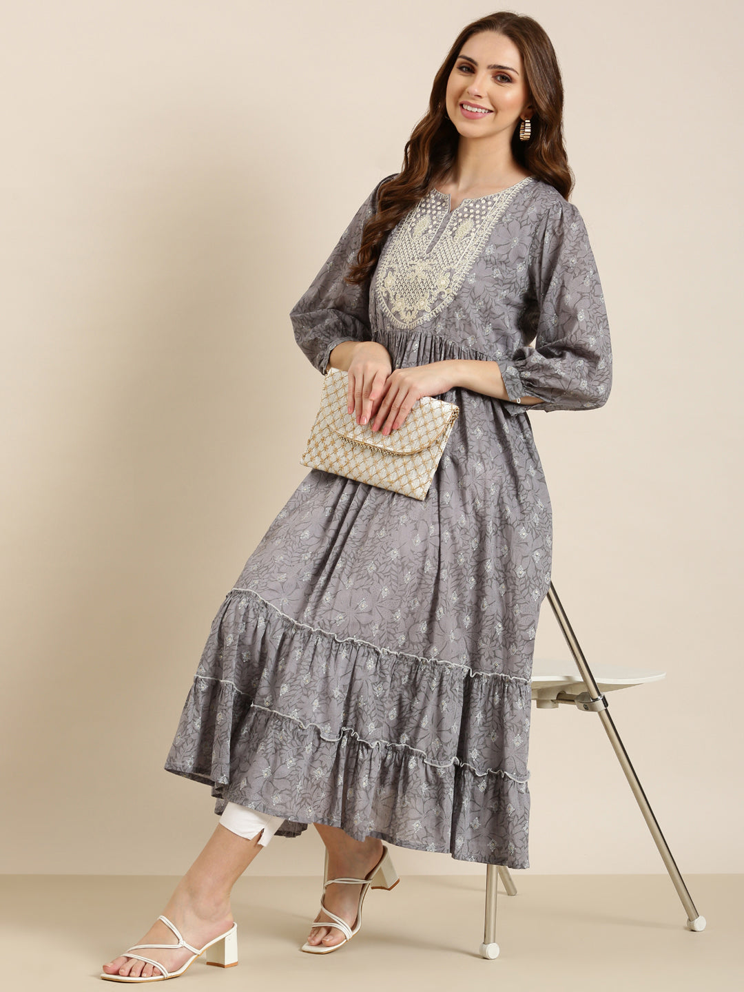 Women's Grey Floral Printed Thread Work Pleated Cotton Anarkali Kurta