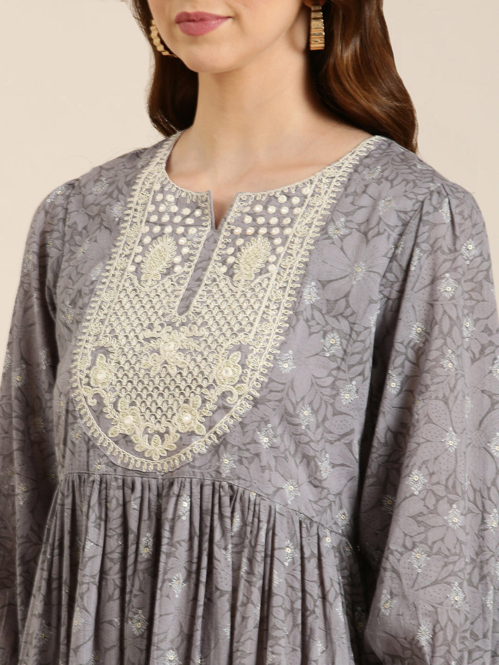 Women's Grey Floral Printed Thread Work Pleated Cotton Anarkali Kurta