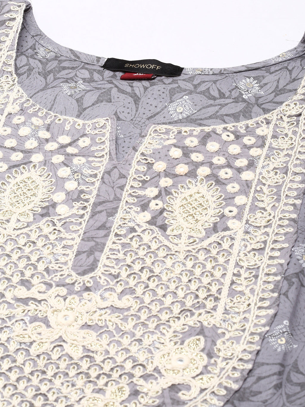 Women's Grey Floral Printed Thread Work Pleated Cotton Anarkali Kurta