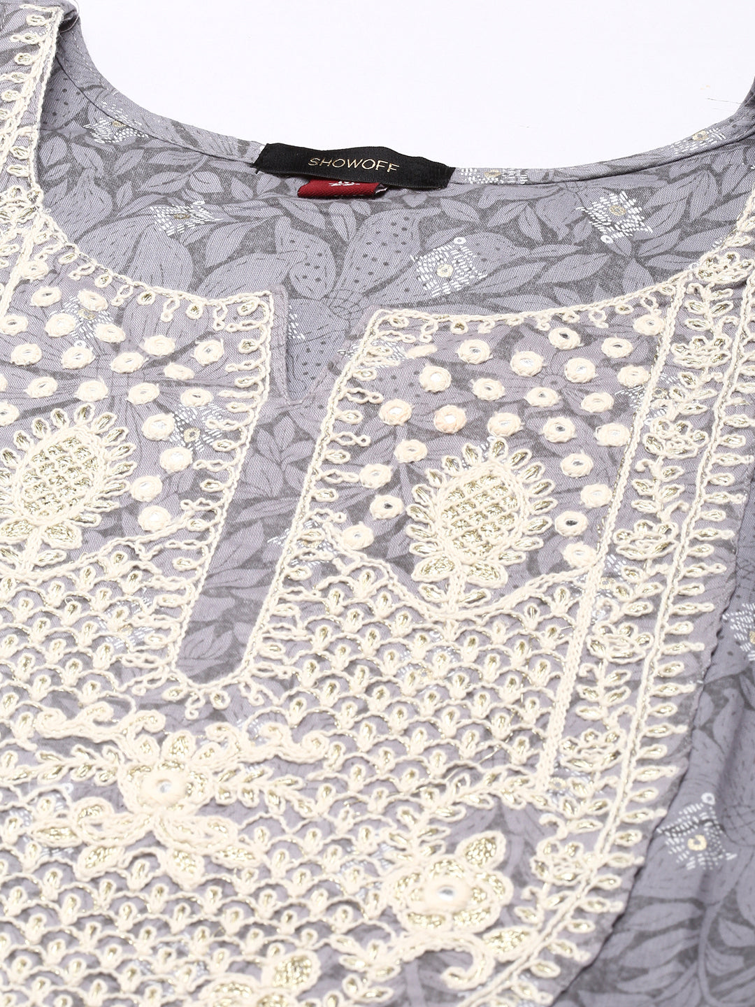 Women's Grey Floral Printed Thread Work Pleated Cotton Anarkali Kurta