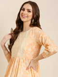 Women's Peach Floral Printed Anarkali Cotton Kurta