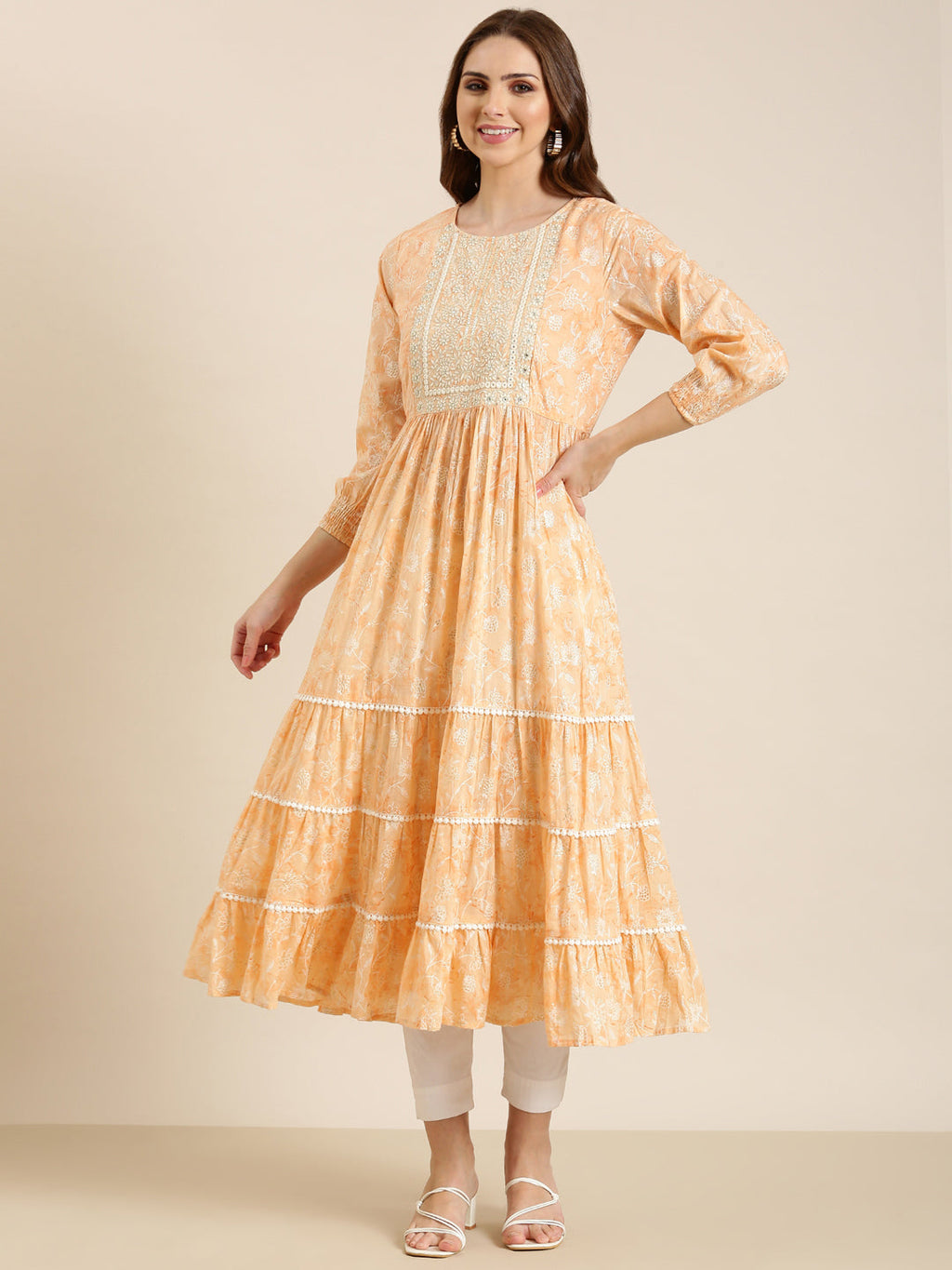 Women's Peach Floral Printed Anarkali Cotton Kurta