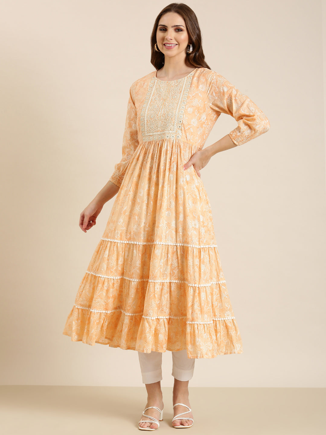 Women's Peach Floral Printed Anarkali Cotton Kurta