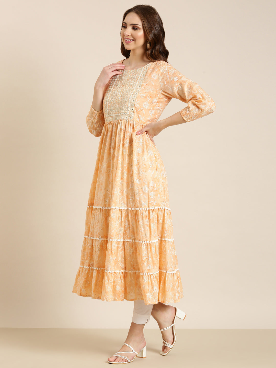 Women's Peach Floral Printed Anarkali Cotton Kurta
