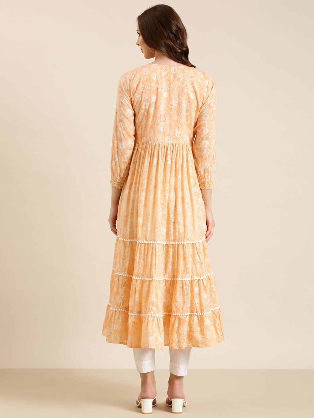 Women's Peach Floral Printed Anarkali Cotton Kurta