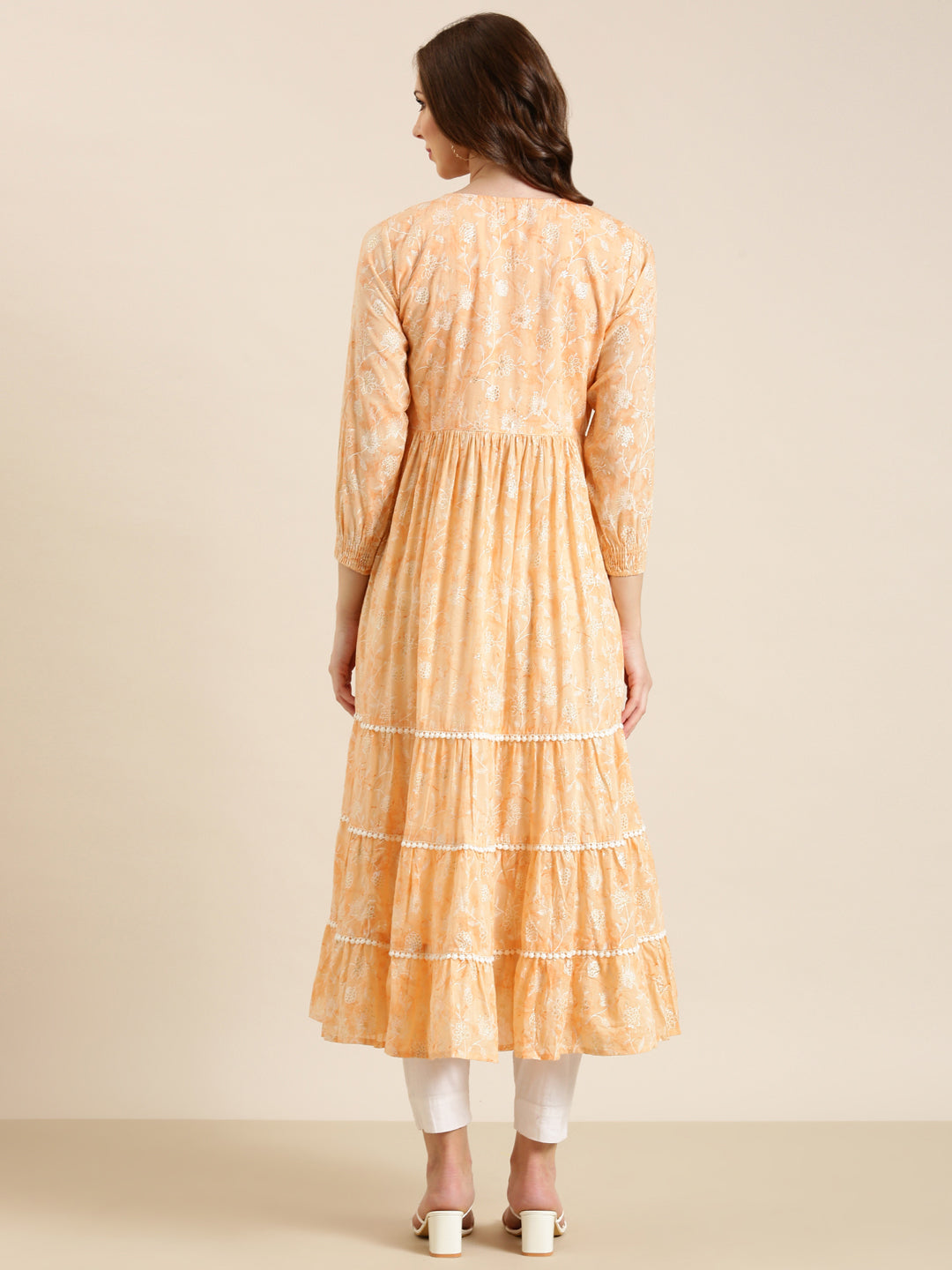 Women's Peach Floral Printed Anarkali Cotton Kurta