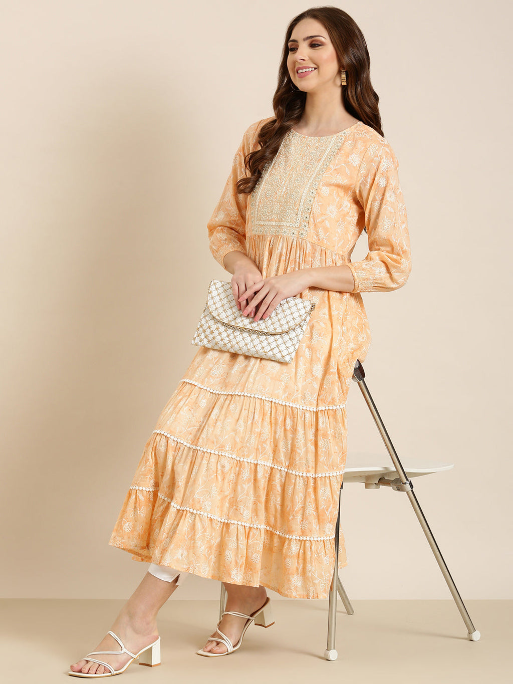Women's Peach Floral Printed Anarkali Cotton Kurta