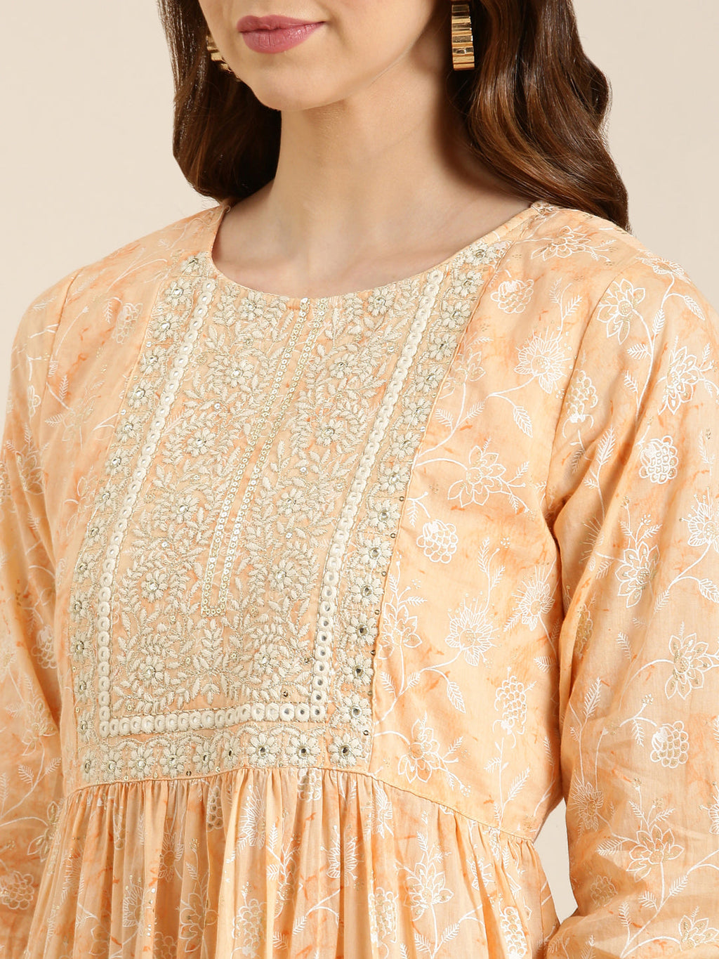 Women's Peach Floral Printed Anarkali Cotton Kurta