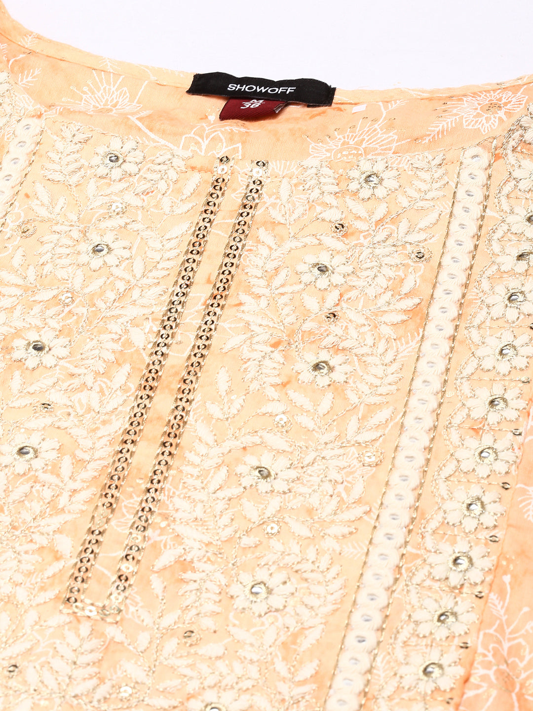 Women's Peach Floral Printed Anarkali Cotton Kurta