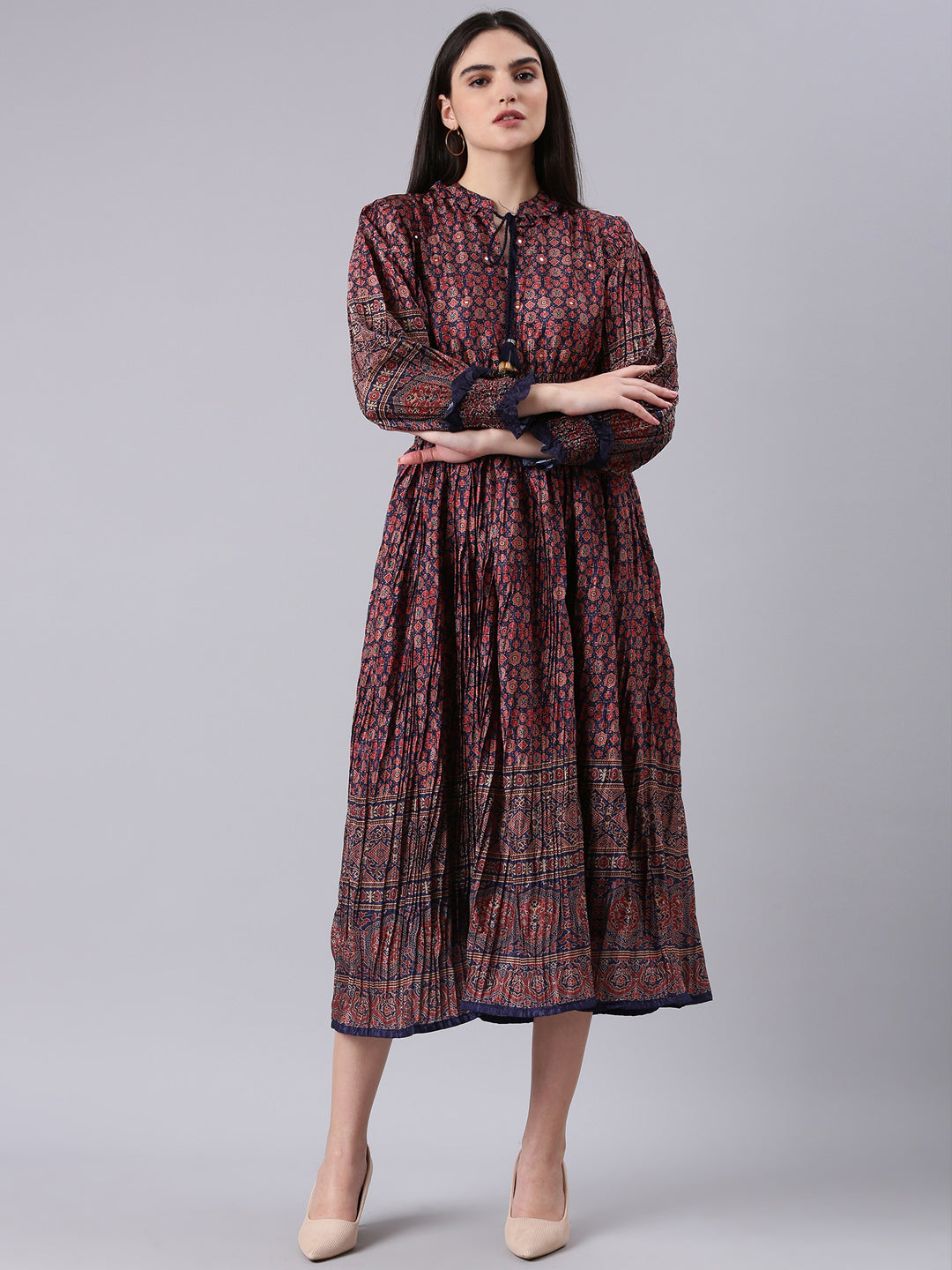 Women's Navy Blue Geometric Printed Tie-Up Neck Fit & Flare Midi Dress