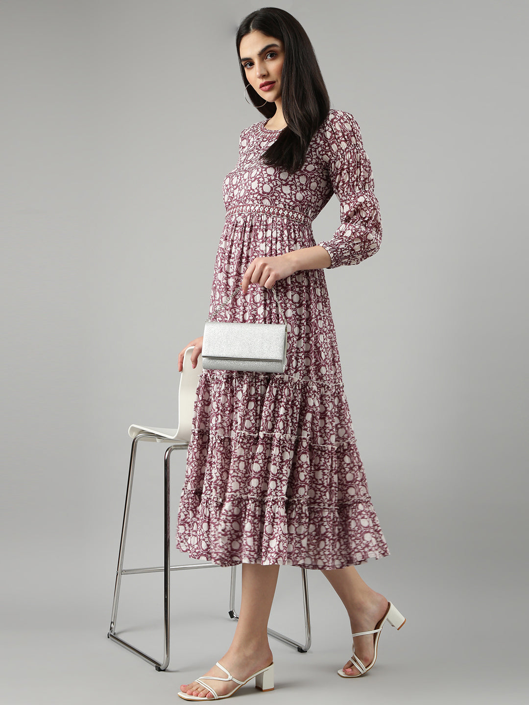 Women's Mauve Floral Printed Fit & Flare Dress