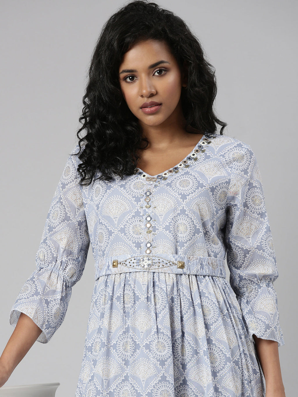Women's Grey Ethnic Motifs Print Cotton Empire Kurta