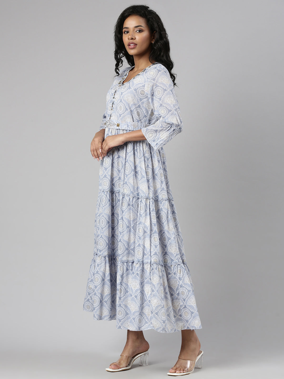 Women's Grey Ethnic Motifs Print Cotton Empire Kurta