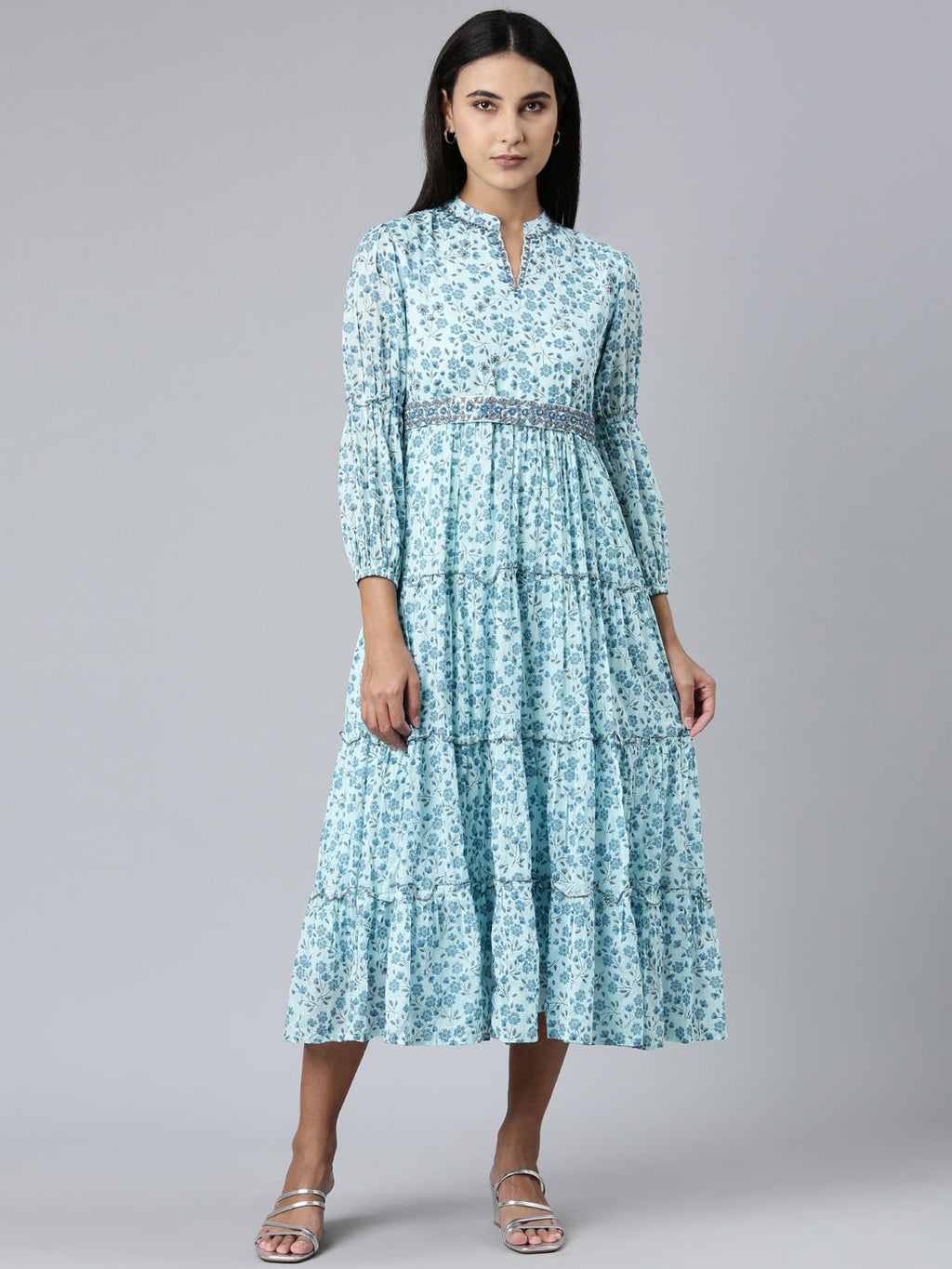 Women's Blue Floral Printed Mandarin Collar Puff Sleeve Cotton Fit and Flare Dress