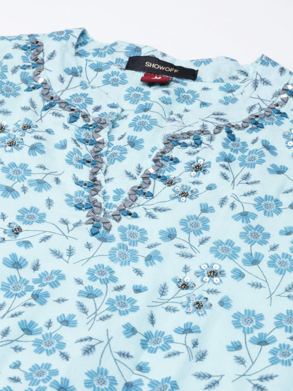 Women's Blue Floral Printed Mandarin Collar Puff Sleeve Cotton Fit and Flare Dress
