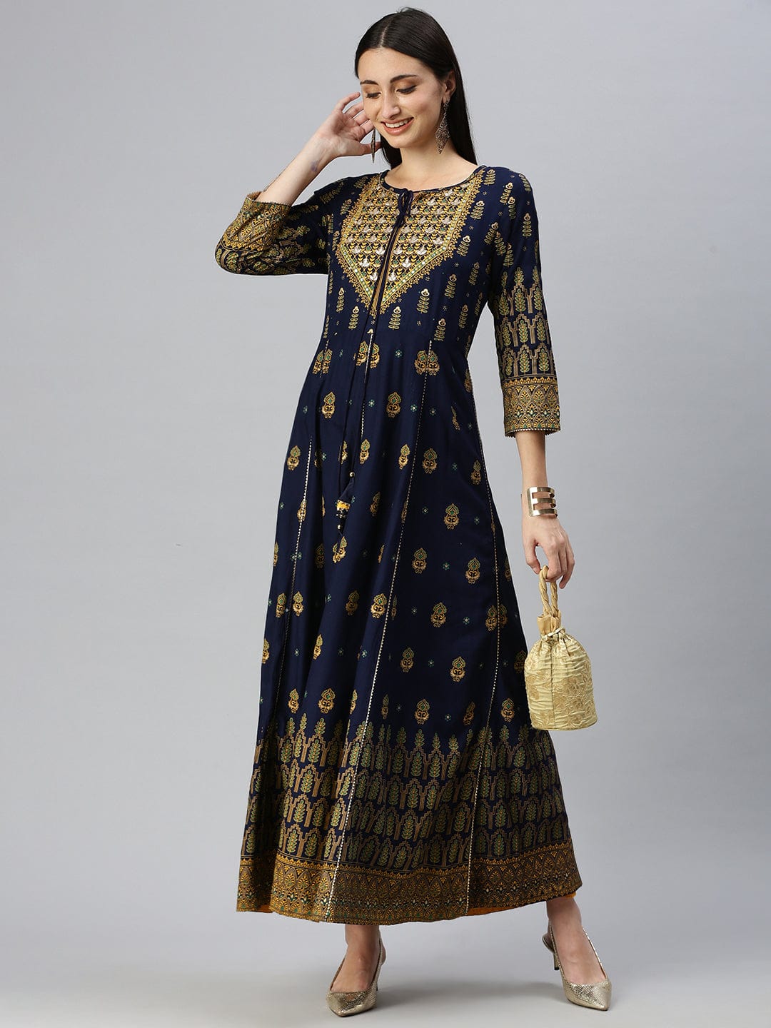 Women's Printed Navy Blue Anarkali Kurta