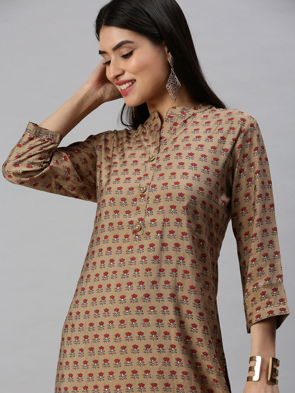 Women's Brown Floral Printed Mandarin Collar Cotton Straight Kurta