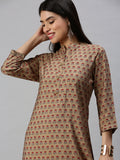 Women's Brown Floral Printed Mandarin Collar Cotton Straight Kurta