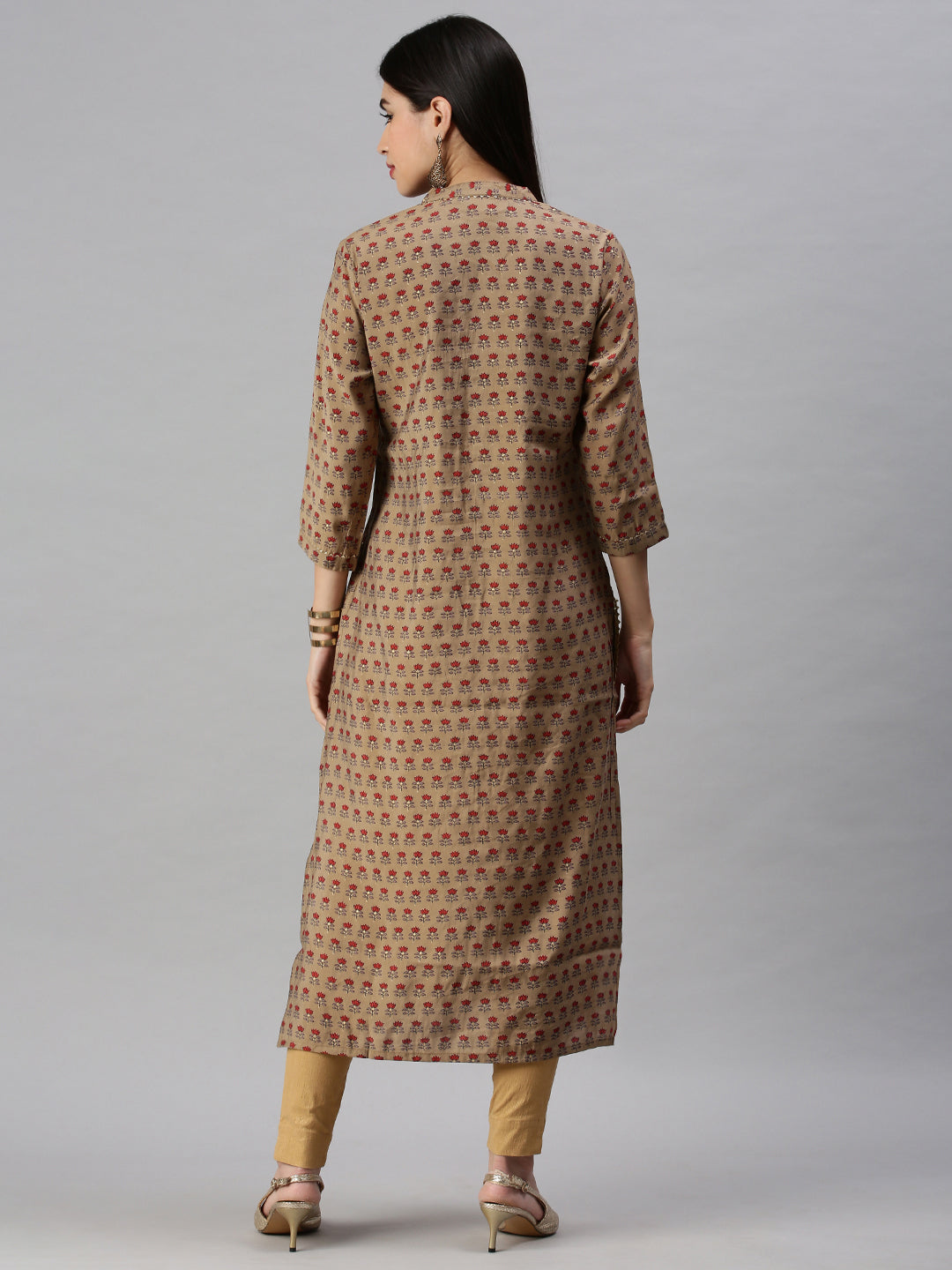 Women's Brown Floral Printed Mandarin Collar Cotton Straight Kurta