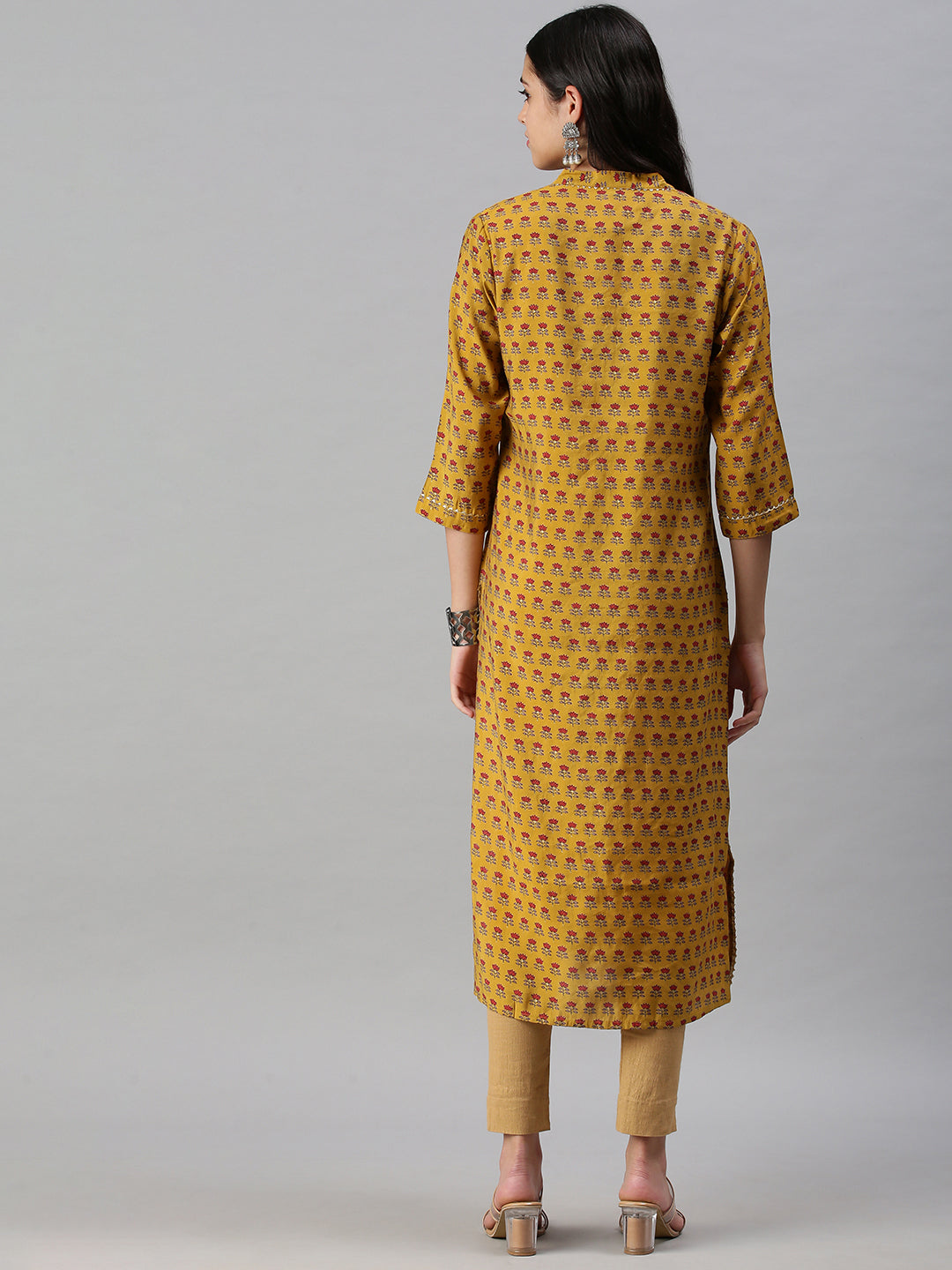 Women's Mustard Floral Printed Flared Sleeves Straight Kurta