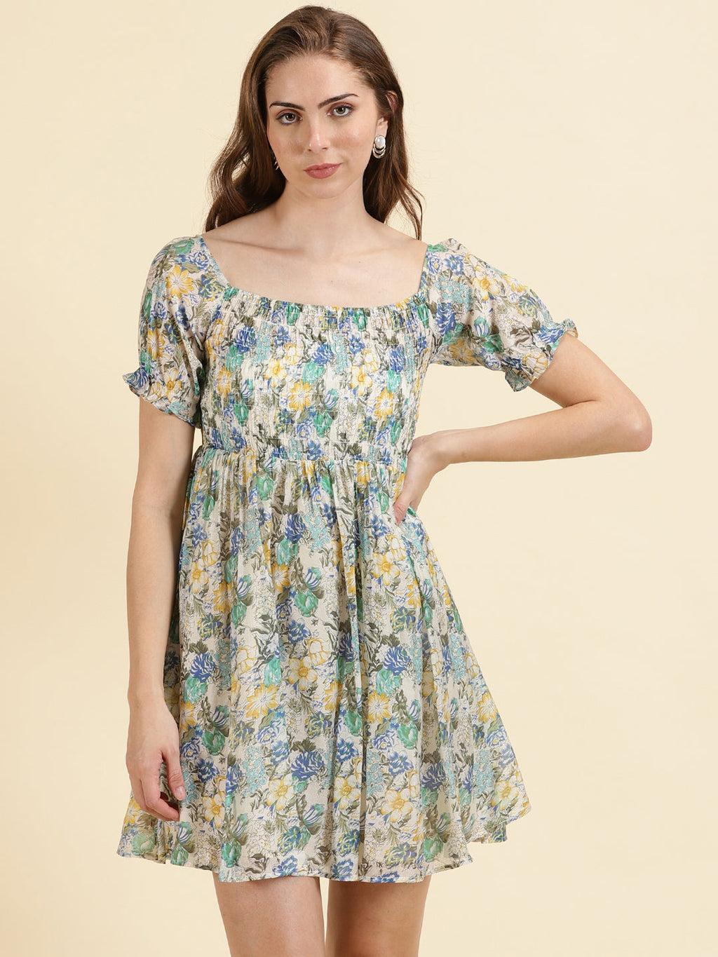 Women's Off White Floral Print Chiffon Empire Dress