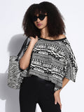 Women's Black Extended Sleeves Geometric Boxy Crop Top