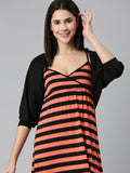 Women's Black Shoulder Straps Striped Maxi Dress With Shrug