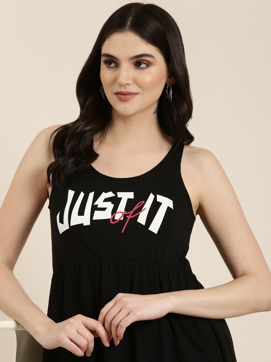 Women's Black Typography Printed Sleeveless Cotton A-Line Dress