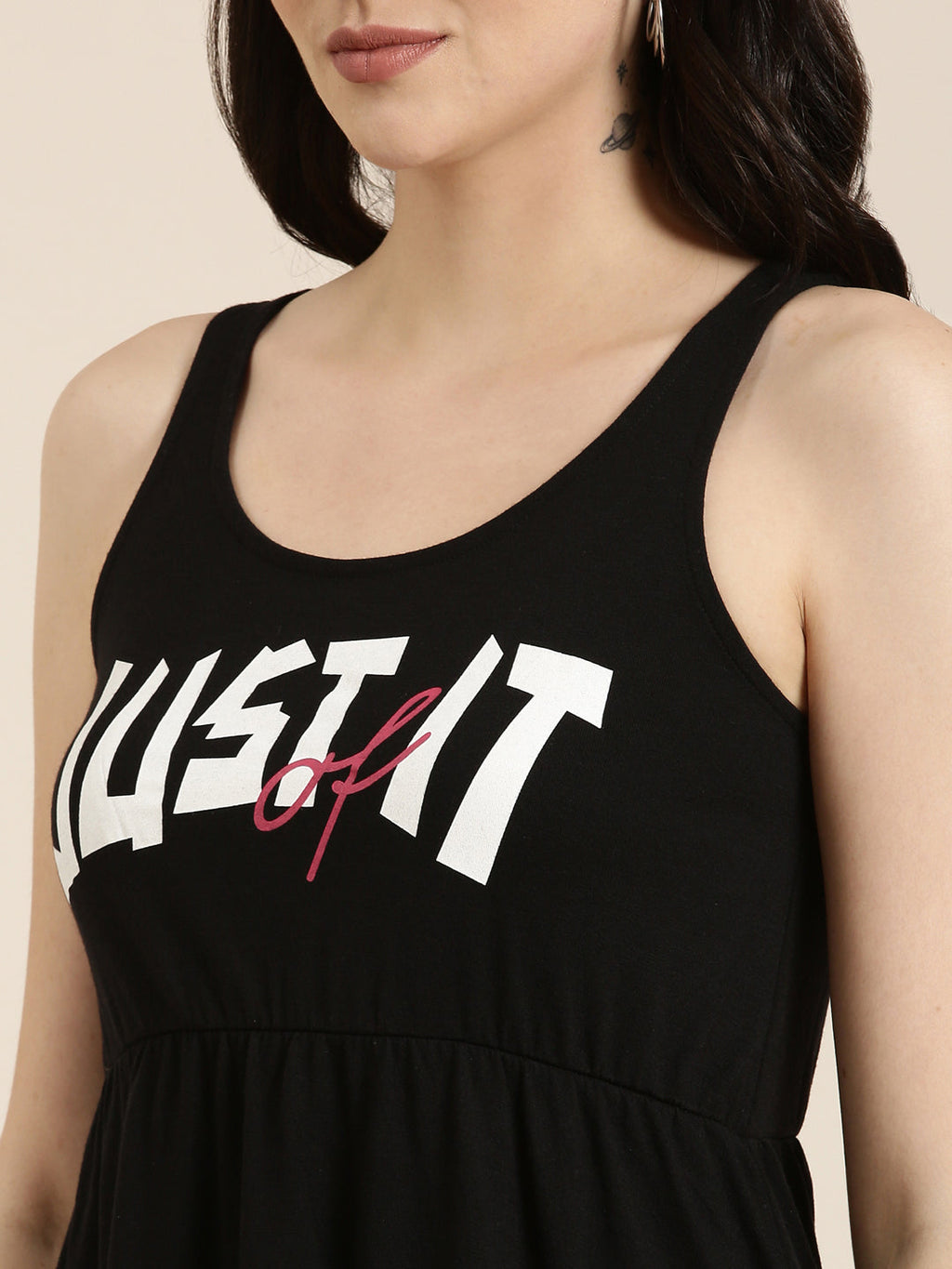 Women's Black Typography Printed Sleeveless Cotton A-Line Dress
